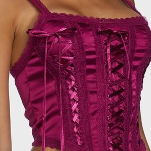 DOLLS KILL romantic wine-coloured satin lace up cropped corset top